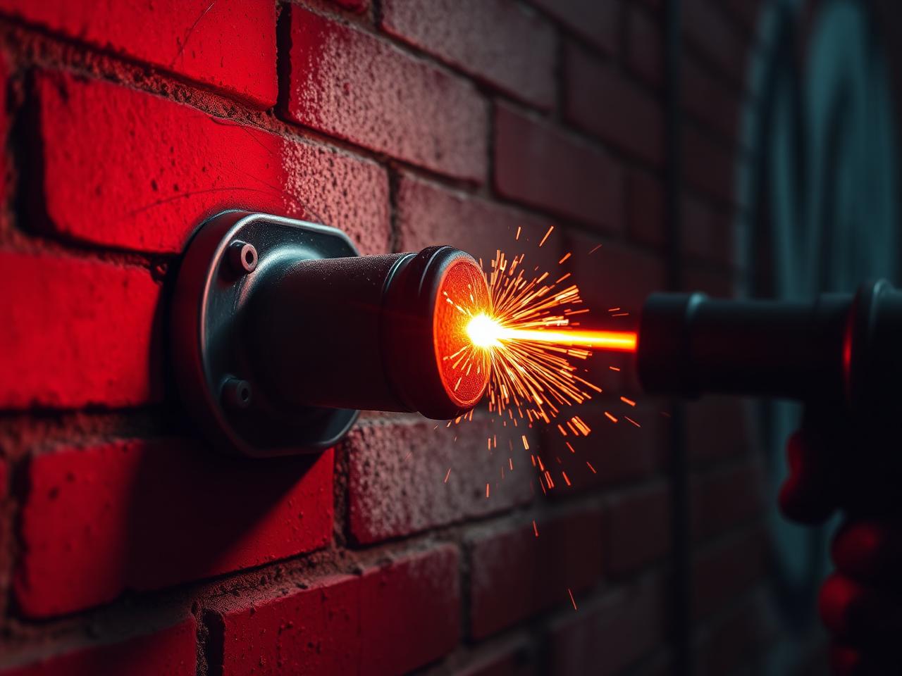 Laserkopf entfernt Sprühfarbe von einer Klinkerwand