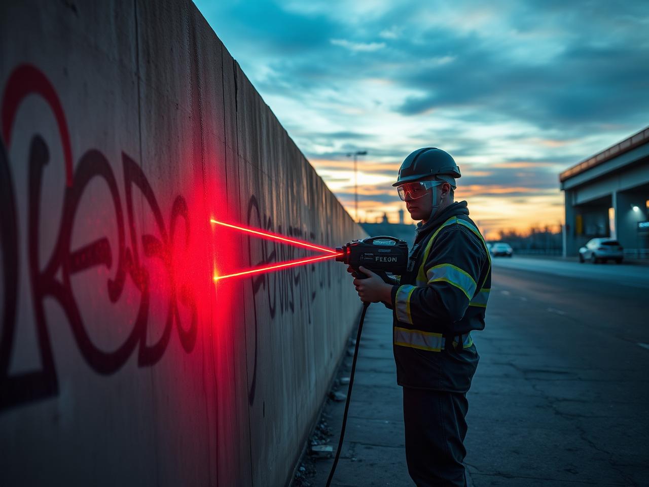Mitarbeiter entfernt Graffiti mit dem Laser von einer Betonwand