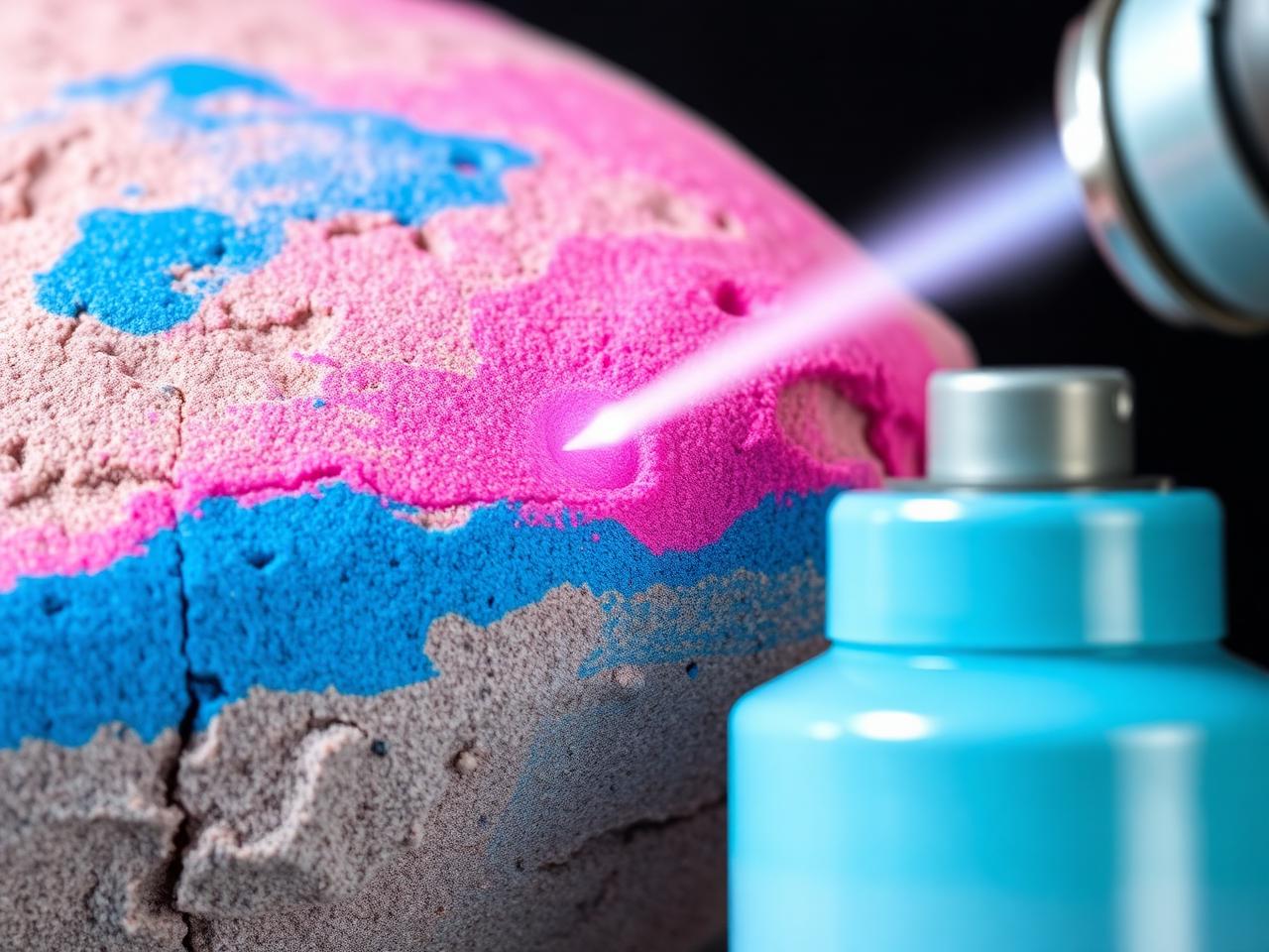 Makroaufnahme: Laser verdampft Sprühfarbe von Sandstein