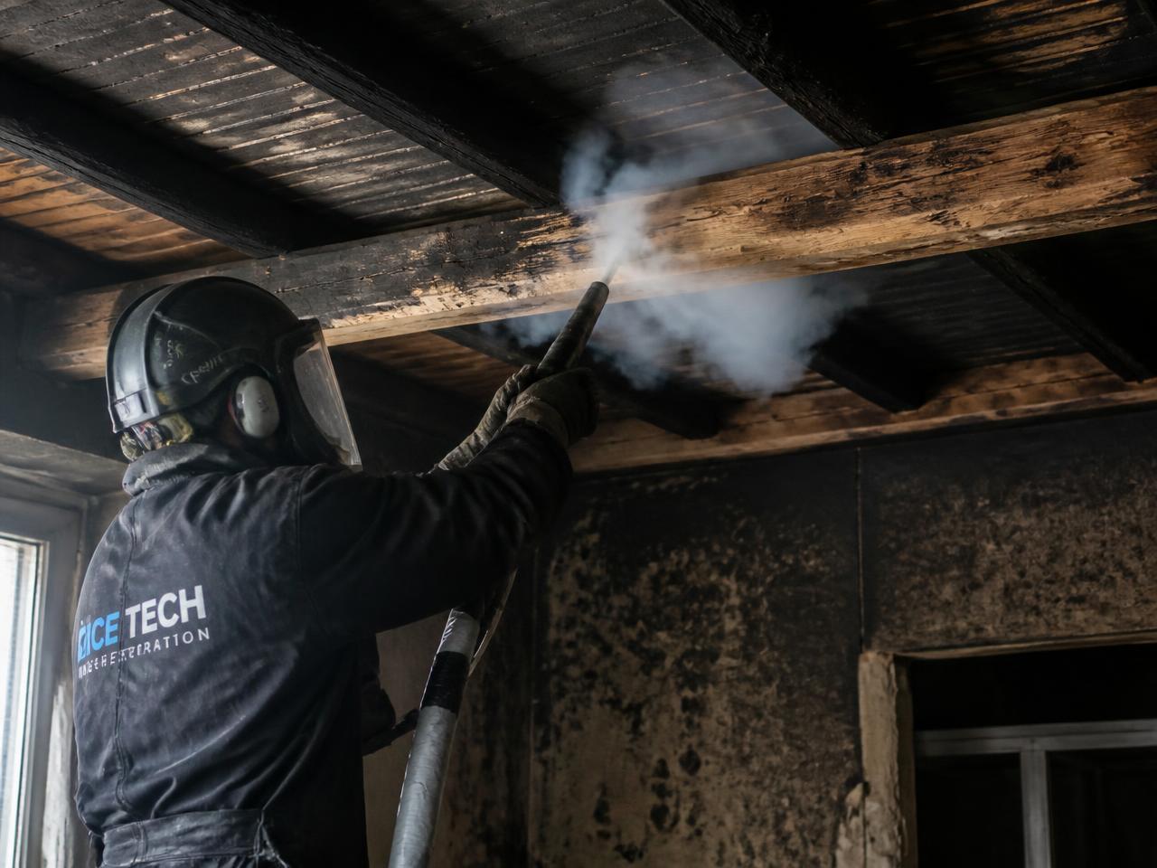 Rußige Holzbalken werden mit Trockeneis gestrahlt